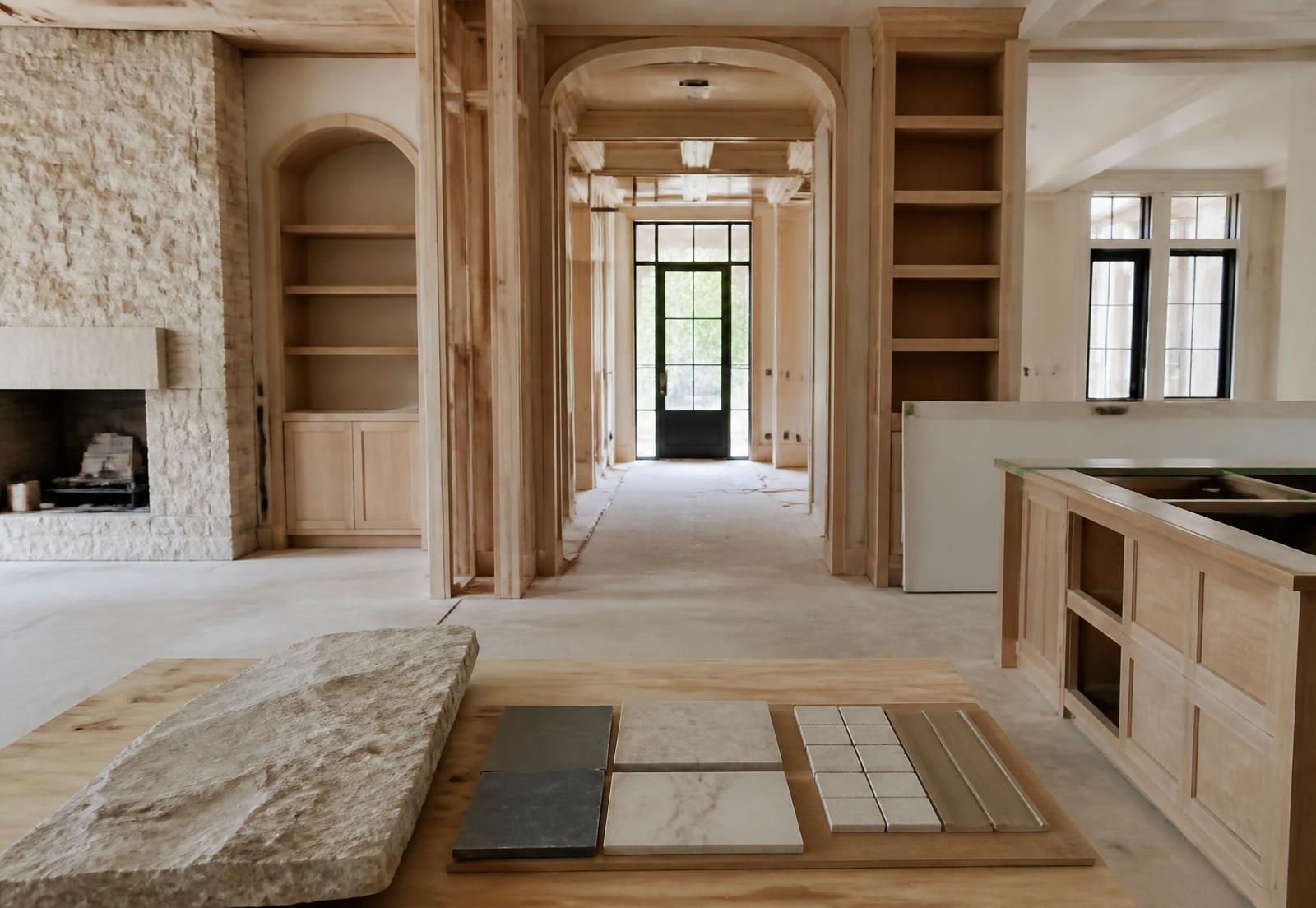 Renovation in progress with new millwork and stone surfaces