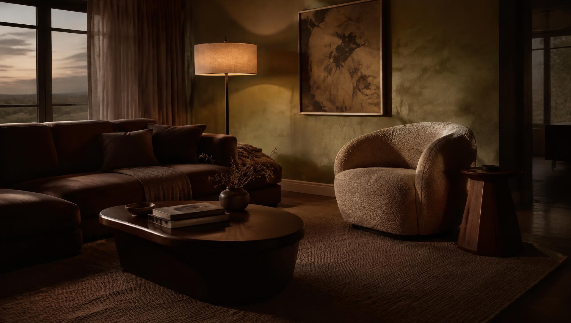 Dark, lamplit living room with a bouclé chair
