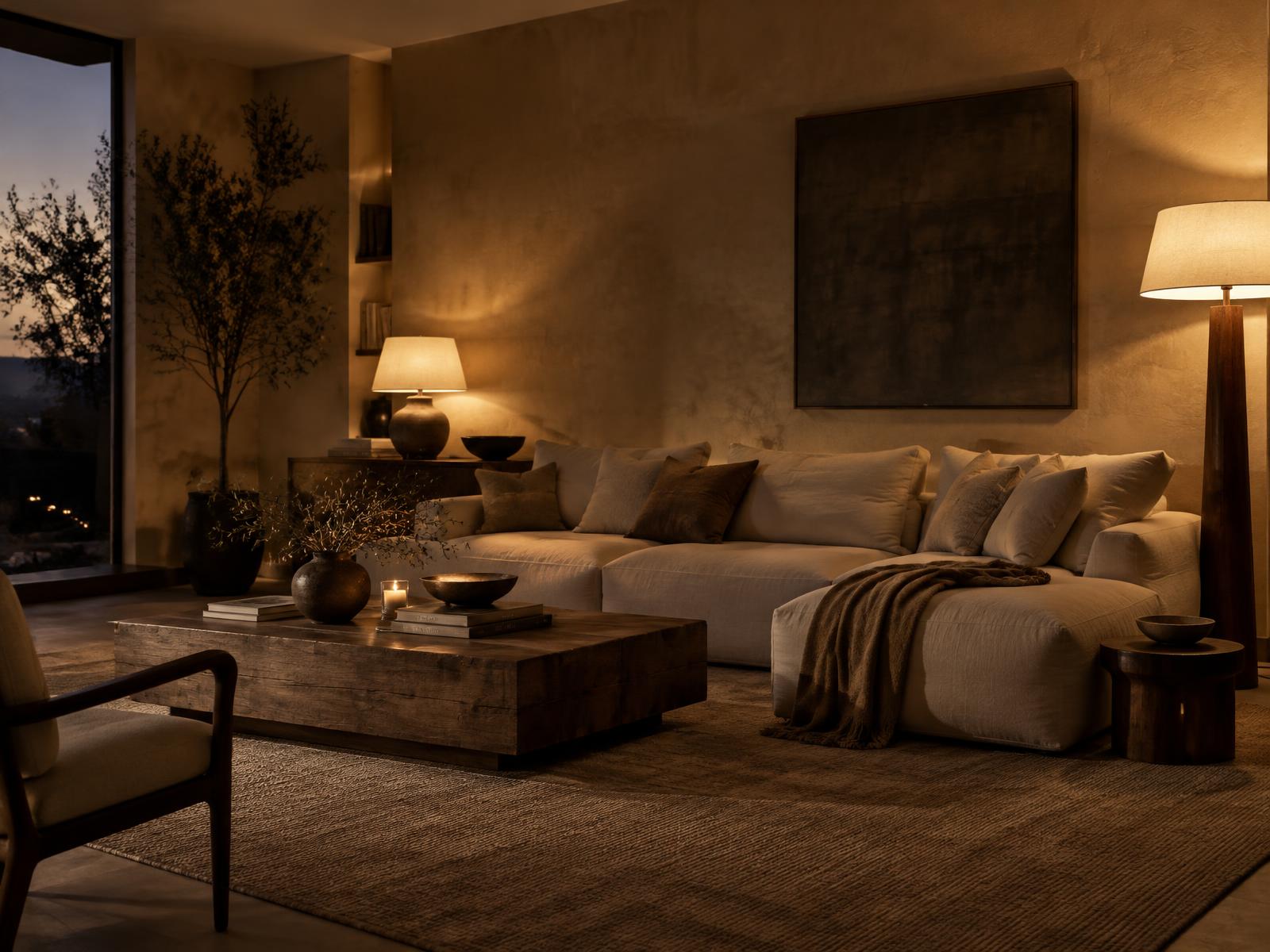 Living room at dusk lit only by a warm table lamp and floor lamp, casting amber light across a plaster wall and an ivory linen sofa.
