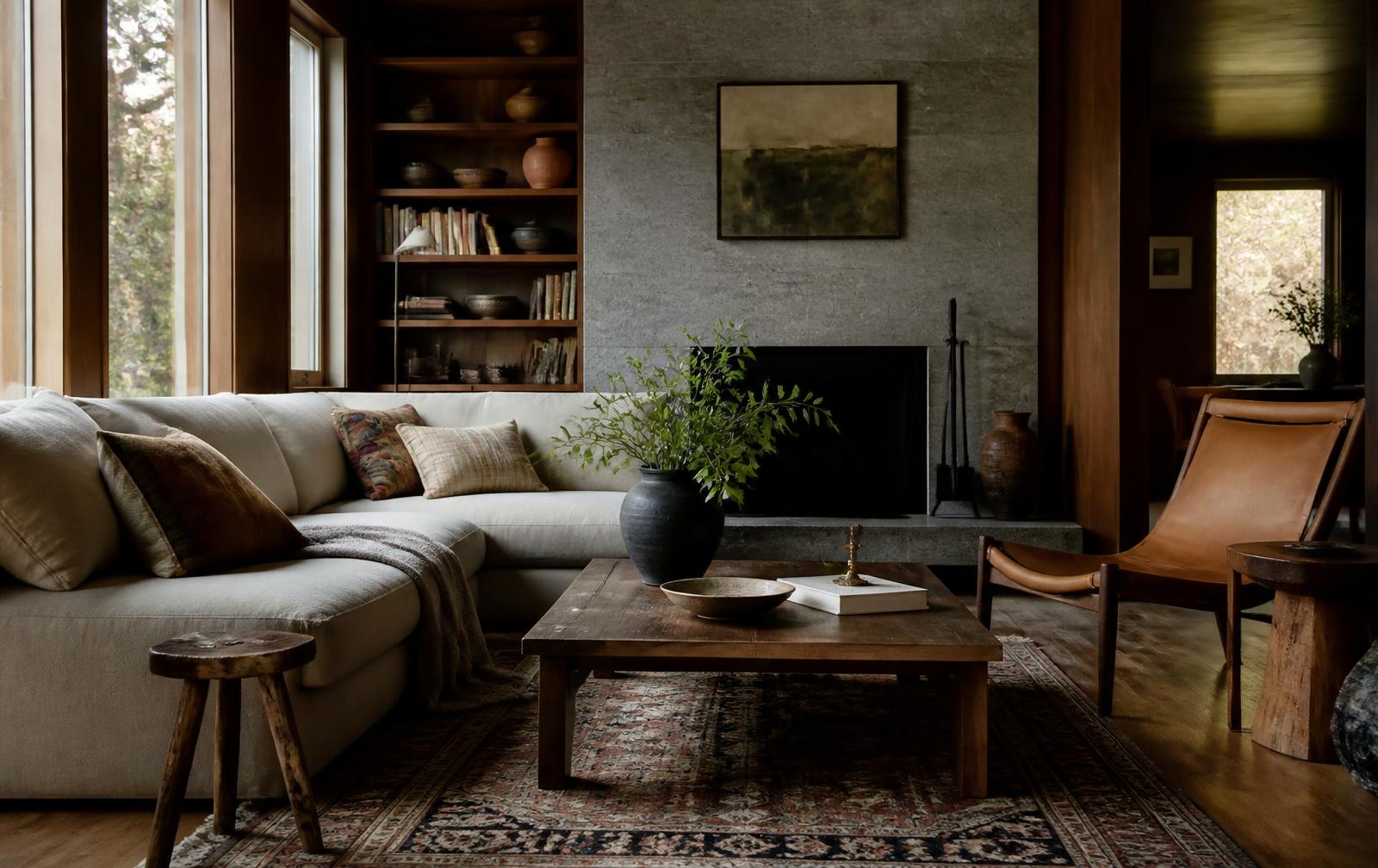 Layered living room combining warm wood, stone, soft upholstery and collected objects.