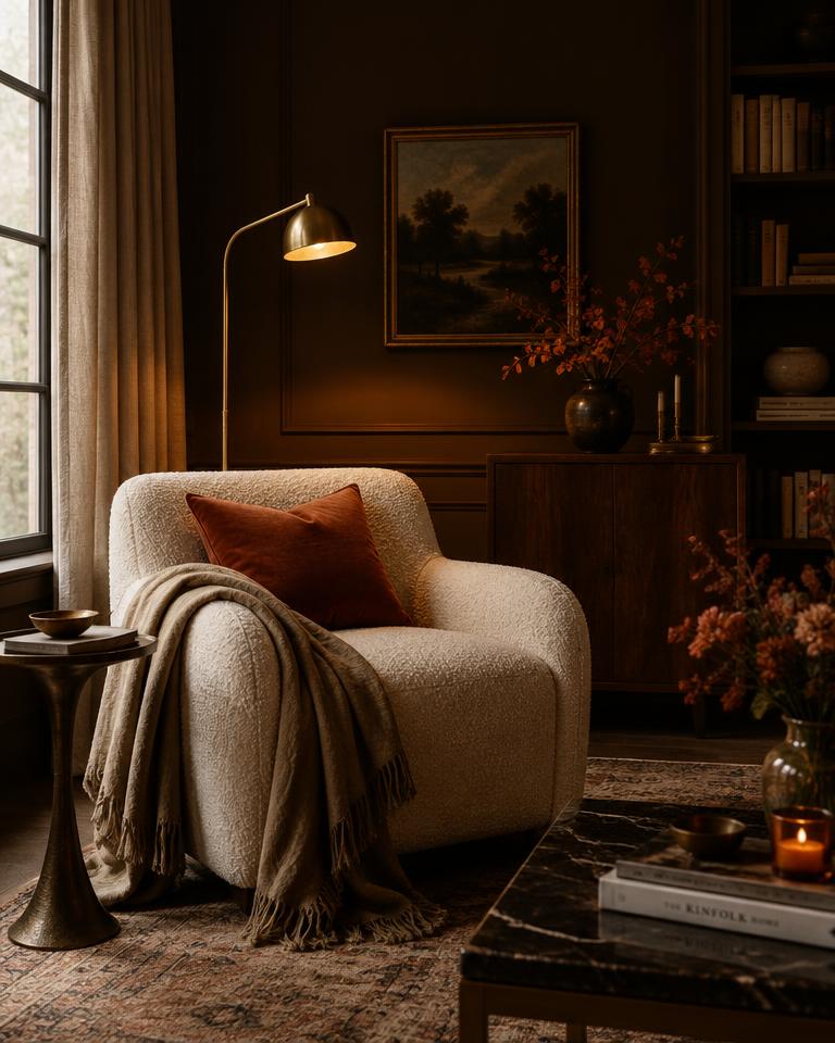 Boucle armchair in a moody cocoa living room with brass floor lamp