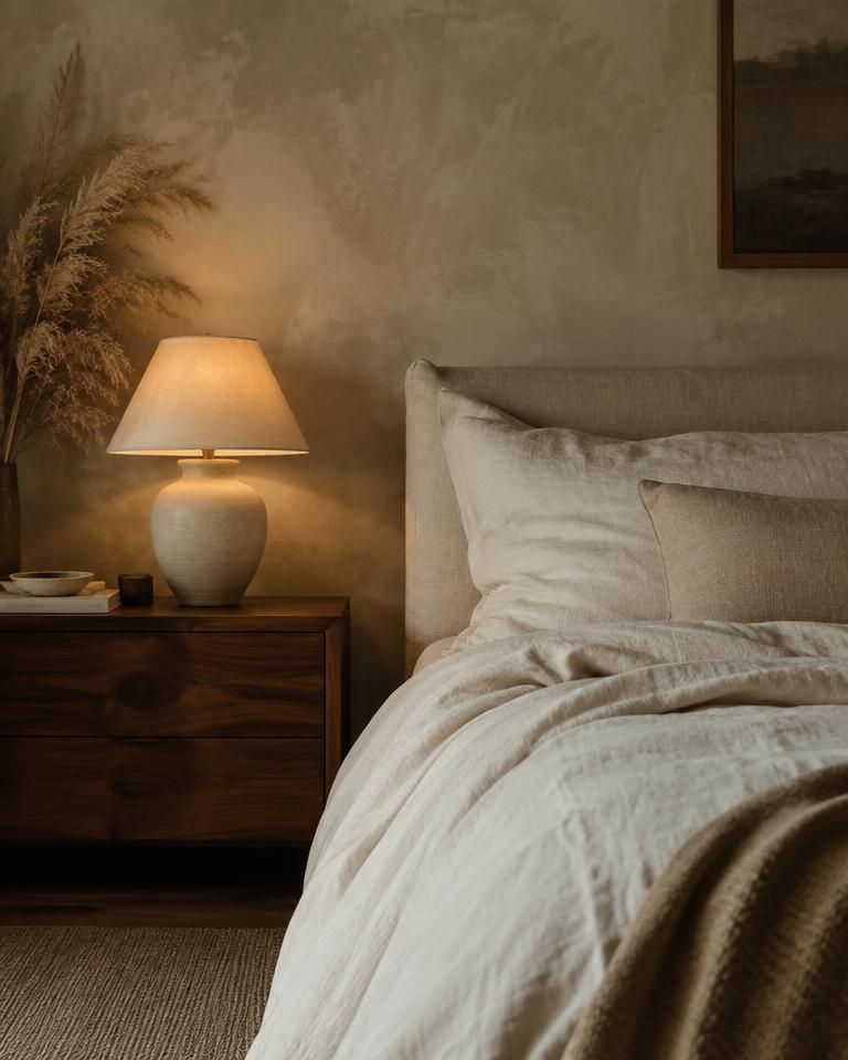 Serene bedroom with ivory linen bedding and a glowing ceramic lamp